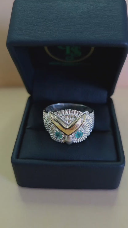 Anillo Búho plata ley 925 con esmeralda certificada